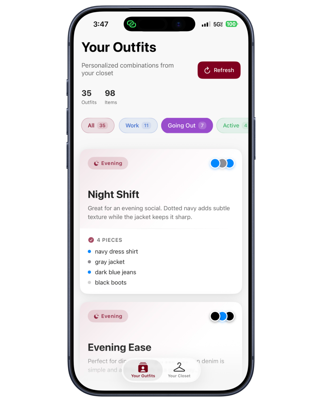 Vesti app showing personalized outfit recommendations